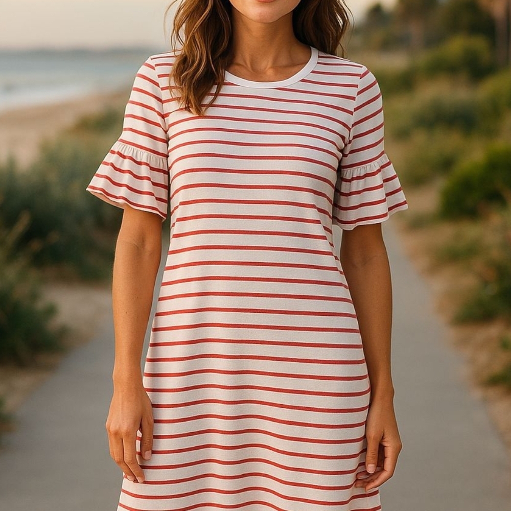Ann Lane - NWT , Red & White Stripes, A - Line Dress W/ Ruffles On Short Sleeves